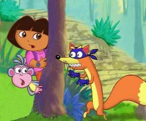 Dora and Boots the monkey hiding the villain of Zorro puzzle ...