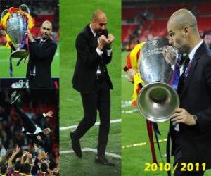 Josep Guardiola celebrating the 2010-2011 Champions League puzzle