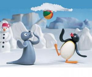 Pingu And Robby The Seal Playing With The Sled Puzzle & Printable Jigsaw