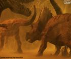 Dinosaur image and triceratops in the fog