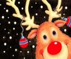 The head of Rudolf, the red nose reindeer, decorated with Christmas decorations