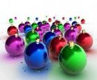 Christmas balls of colors, green, blue, red, roses