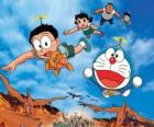The cat Doraemon with his friends Nobita, Shizuka, Suneo and Takeshi