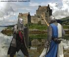 Two medieval knights fighting with their swords in battle right in front of the castle