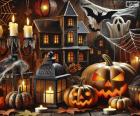 Halloween scene: illuminated pumpkins, flickering candles, cobwebs and a mysterious haunted house