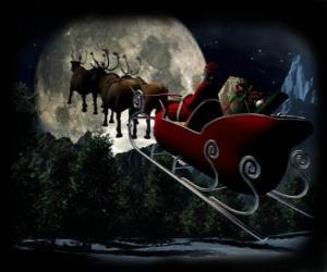 Santa Claus in his magic sleigh pulled by flying reindeer on Christmas