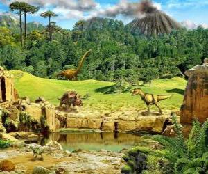 Several dinosaurs with a volcano erupting in the background puzzle